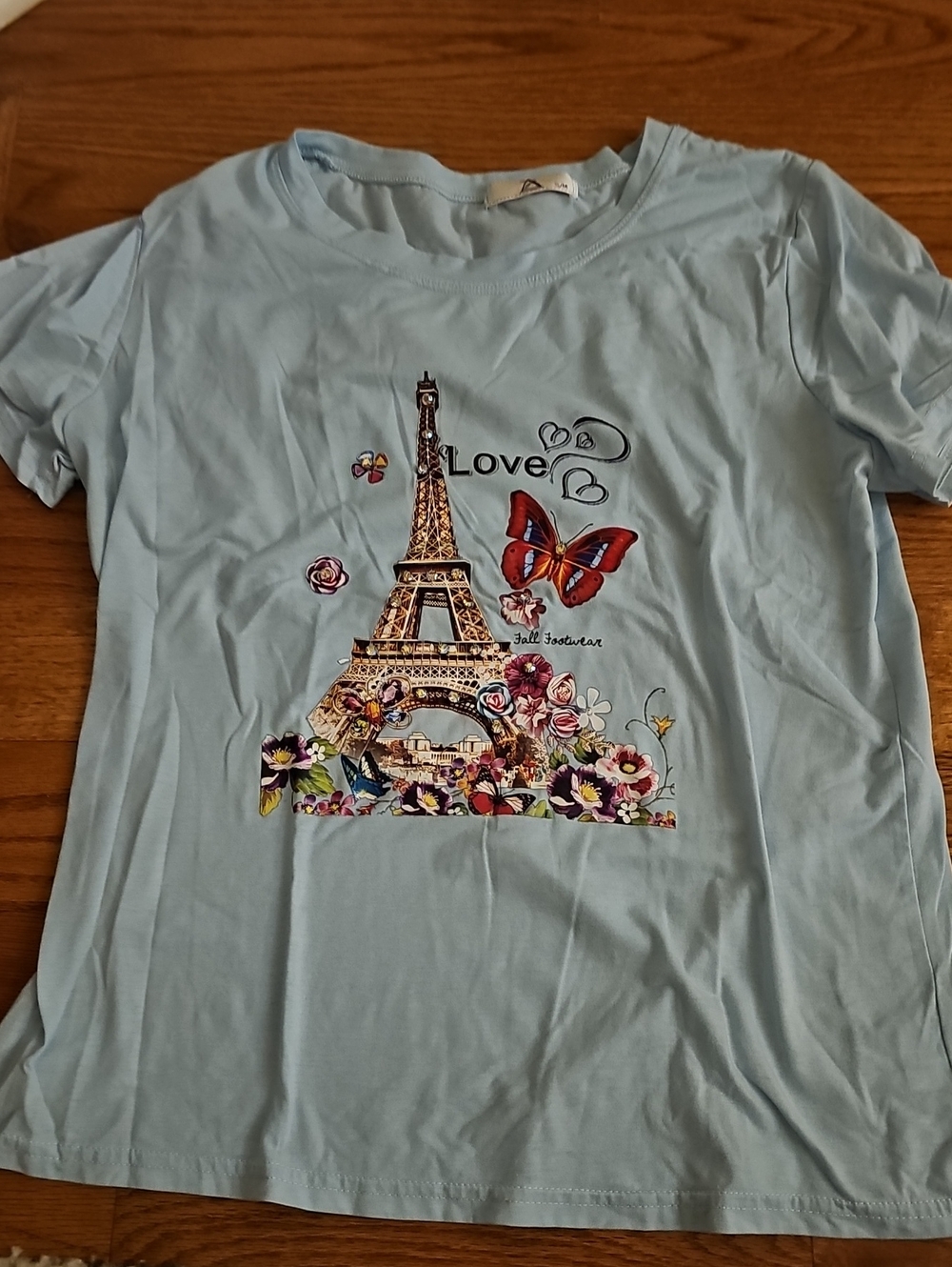 Light Blue Eiffel Tower Graphic Tee with Butterfly